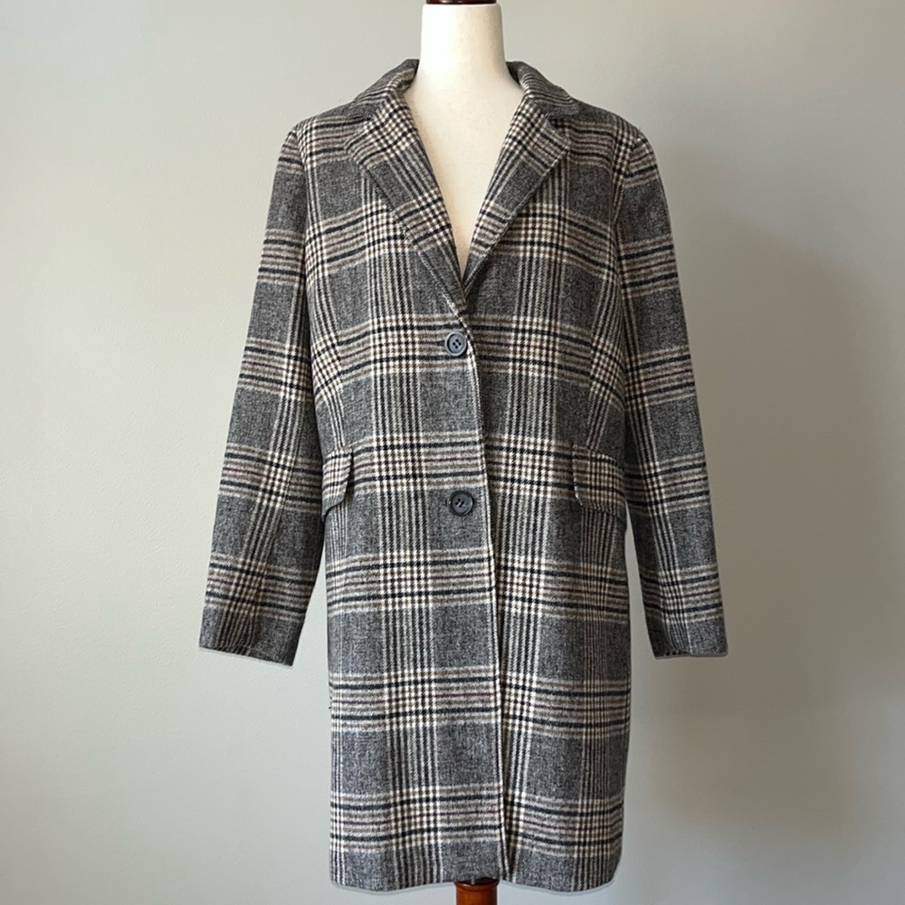 Antonio Melani Wool Blend Plaid‎ Coat Jacket Gray Tan Size 12